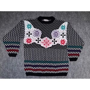 Vintage Custom Design Fair Isle Snowflake Sweater Black Red Teal Acrylic USA L